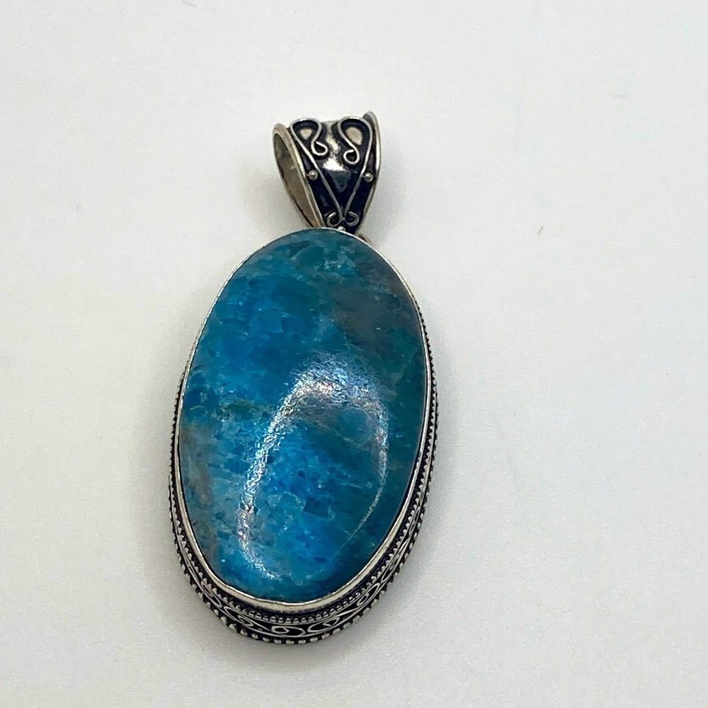 Vtg Blue Apatite Stone Large Oval Silver Tone Pendant 2.5”